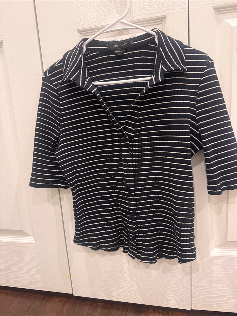 Sanctuary Black & White Striped Button-Down Polo Shirt
